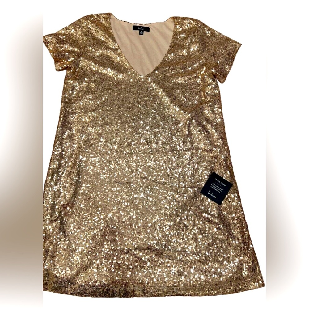Lulus Womens Shift Dress Light Up The Night Champagne Short Sleeve Sequin Size M